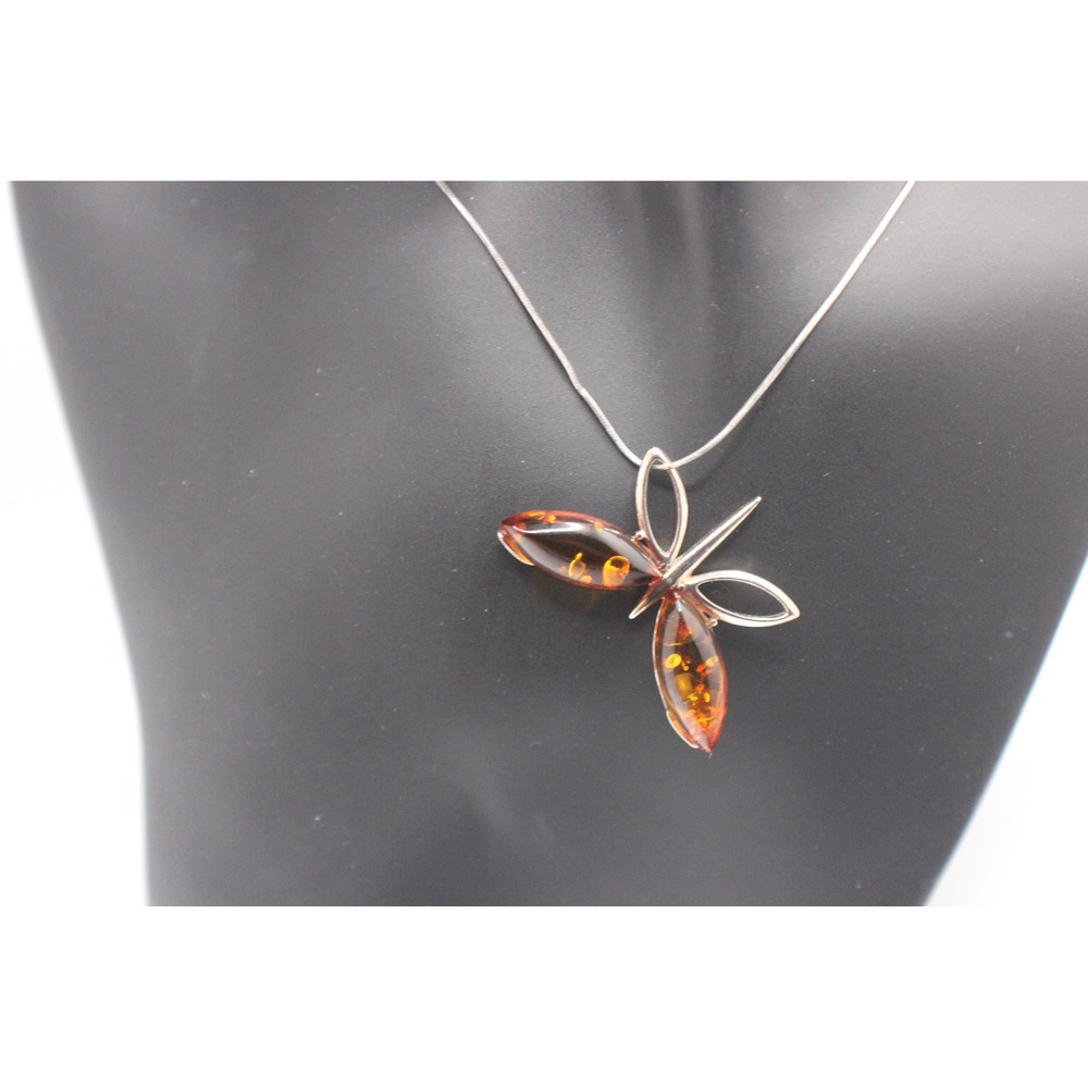 Sterling Silver 925 Baltic Amber Dragonfly Pendant Necklace 18 Inch Snake Chain - Picture 2 of 6
